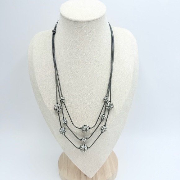 Chico's Brille Necklace multistrand gunmetal with clear rhinestones balls - Picture 1 of 7